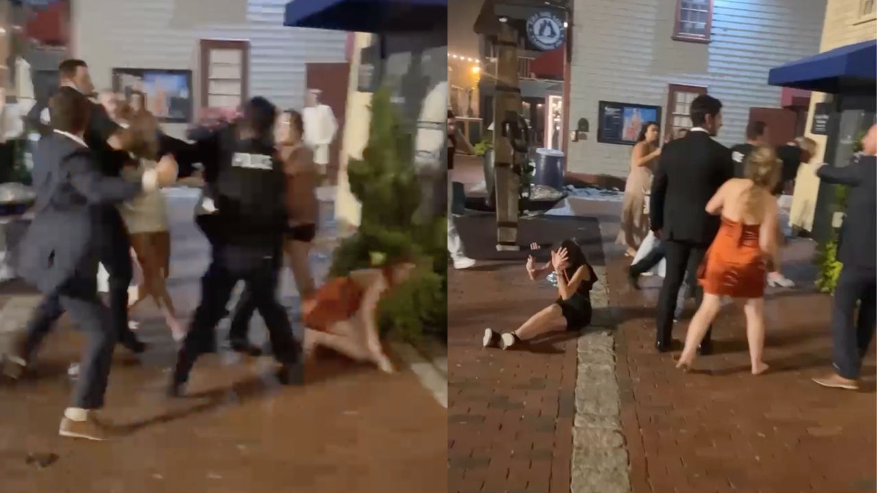 Six people were arrested in Rhode Island after a violent brawl broke out between police officers and members of a wedding party.
