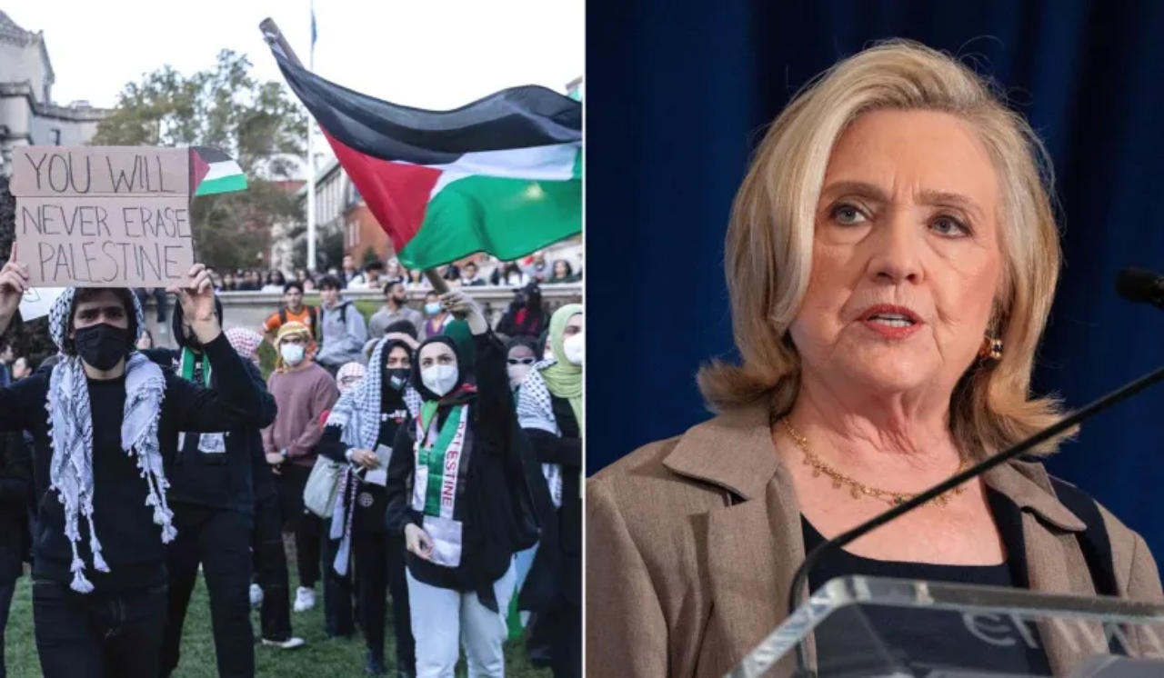 Pro-Palestinian demonstrators addressed Hillary Clinton outside a class at Columbia University in NYC during the Israel-Hamas conflict.